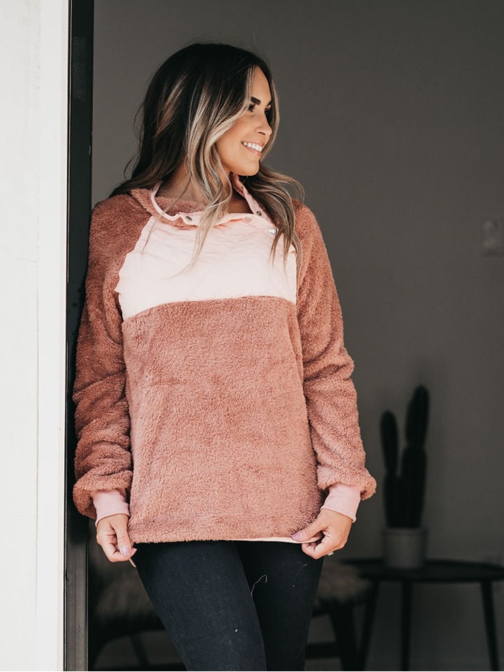 Cozy Colorblock Sherpa Pullover Pink Long Sleeve